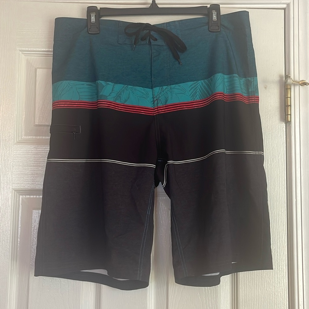 Burnside Striped Front Drawstring Swim Trunks